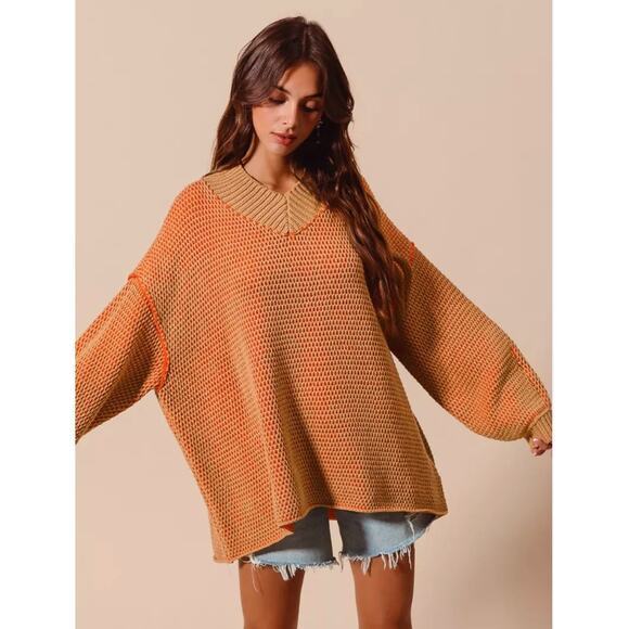 Free people orange tan v neck oversized sweater - Picture 1 of 8